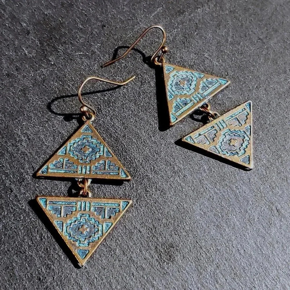 Antique Copper Verdigris Blue Green Patina Double Carved Triangles Earrings - Picture 1 of 7